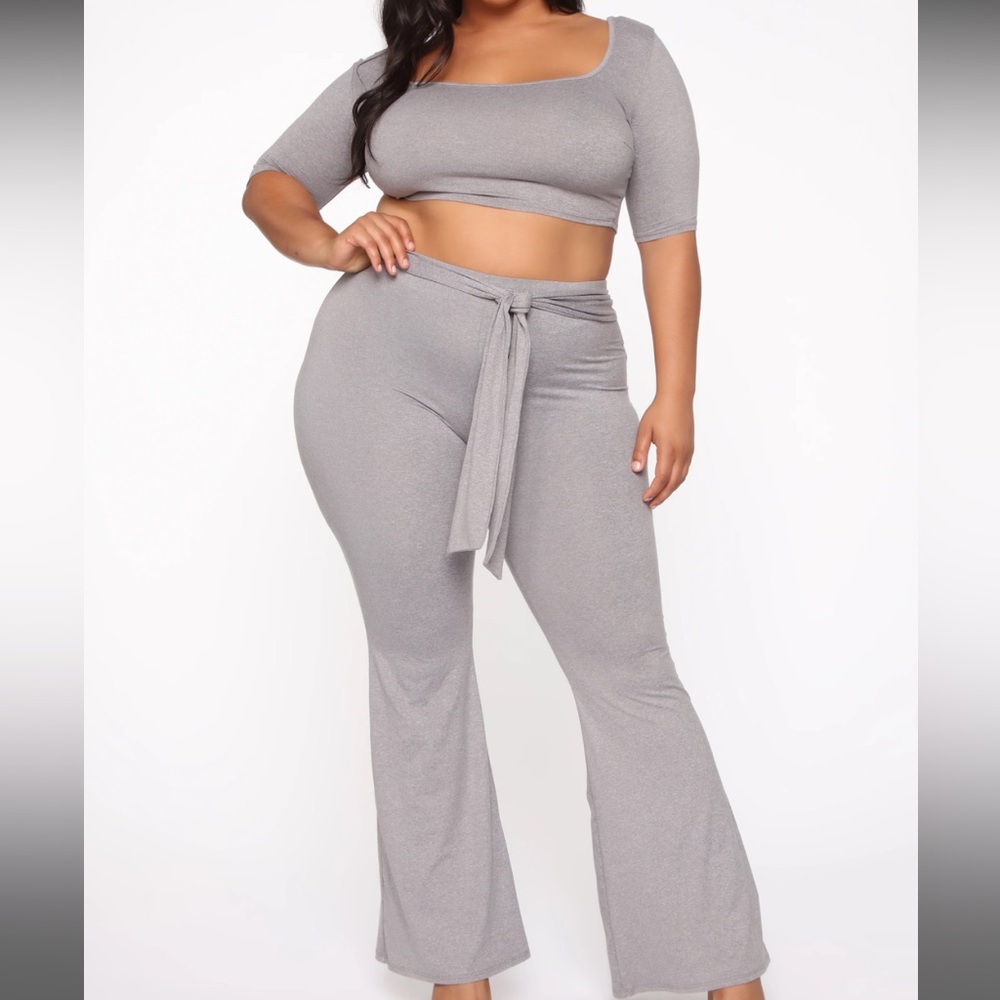 Gray Flare Pants Set with Tie Waist and Wide Waistband